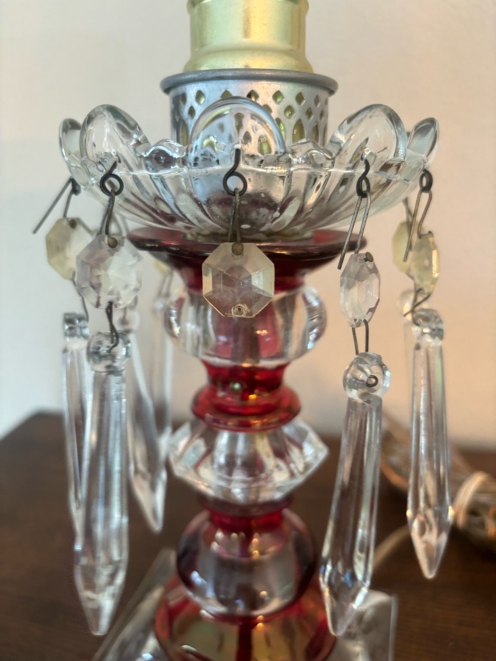 vintage boudoir table lamp featuring cranberry red and clear cut glass - Picture 2 of 16